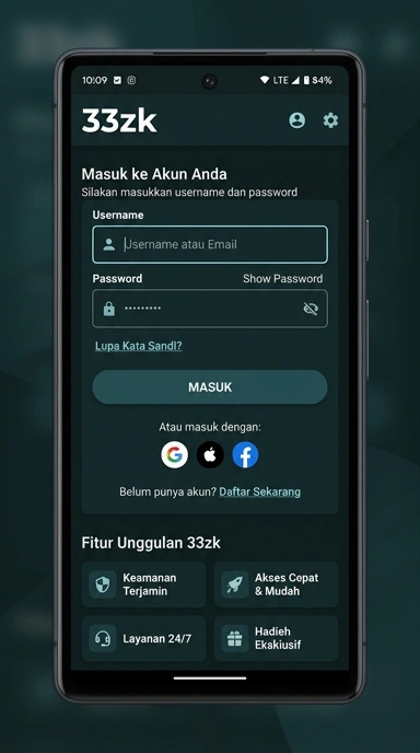 Tampilan halaman login 33zk