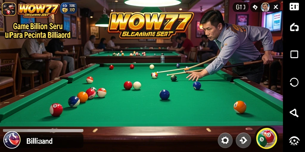 Antarmuka WOW77 yang menampilkan meja billiard yang elegan dan karakter berwarna-warni.